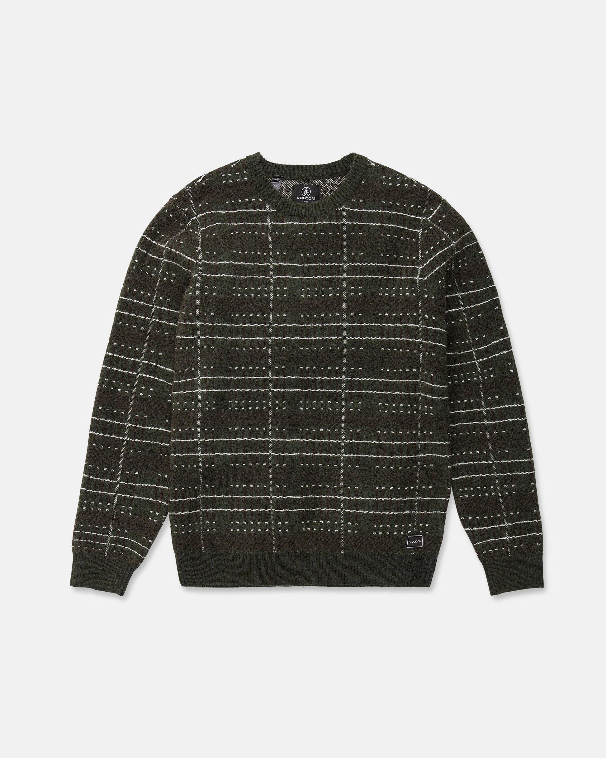 The Men's Stone Optix Sweater by Volcom is shown laid flat on a white background, featuring a dark green plaid design with white dotted lines creating a checkered pattern. This slim fit, long sleeve sweater has ribbed cuffs, a crew neck neckline, and a ribbed hem.