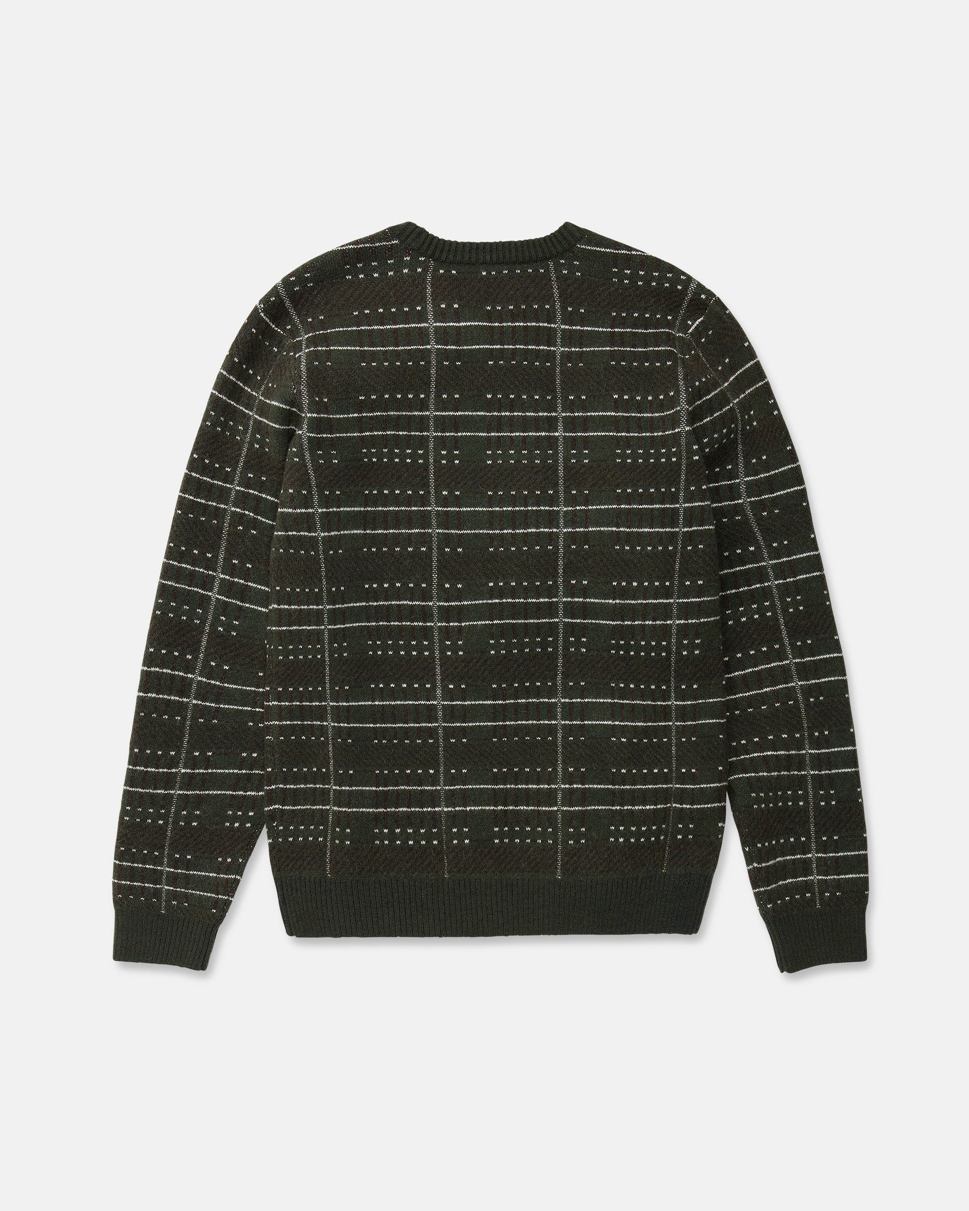 The Volcom Men's Stone Optix Sweater is a dark green slim fit crew neck sweater featuring a white and light green grid pattern with small dotted accents. Shown laid flat with the back facing up, this modern design offers a distinctive look.