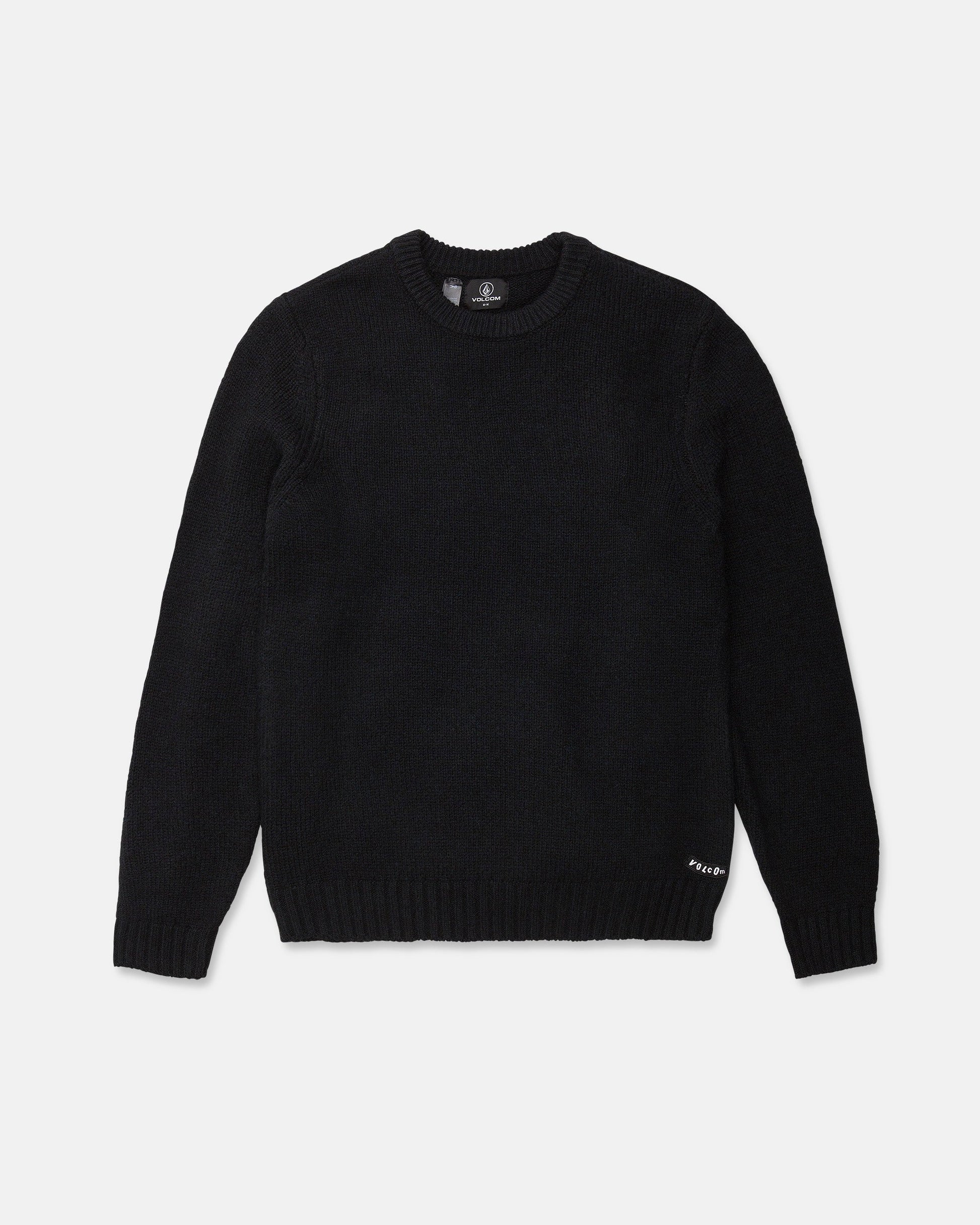 The Men's Edmonder II Sweater by Volcom, crafted from soft fabric, is laid flat on a white background. This classic crew neck sweater features long sleeves and includes a small white tag near the left hem.