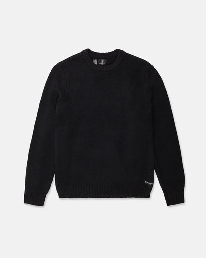 The Men's Edmonder II Sweater by Volcom, crafted from soft fabric, is laid flat on a white background. This classic crew neck sweater features long sleeves and includes a small white tag near the left hem.