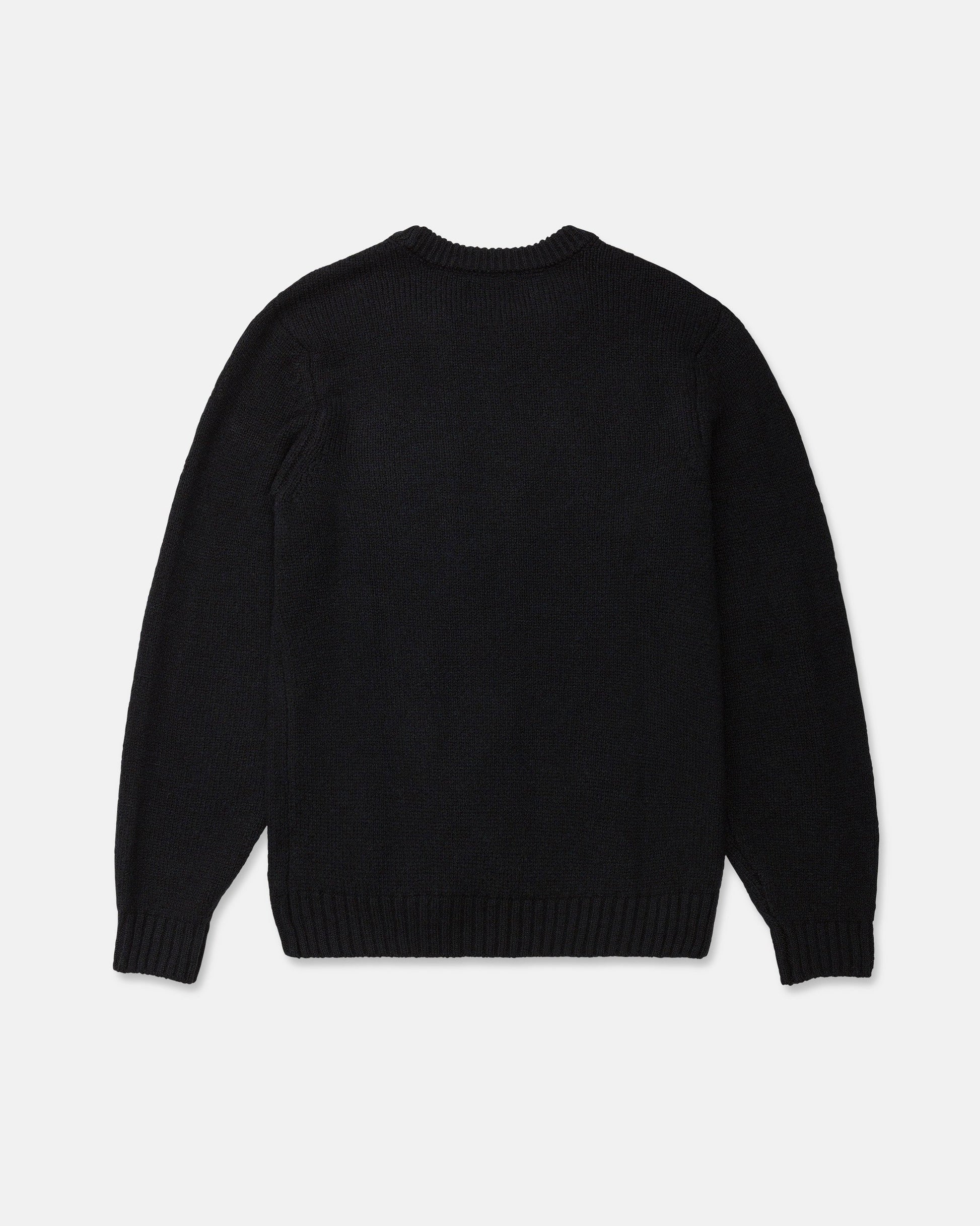 The Men's Edmonder II Sweater by Volcom is displayed laid flat facing backward on a white background. Crafted from recycled polyester, this plain black crew neck sweater features ribbed detailing at the neckline, cuffs, and hem.