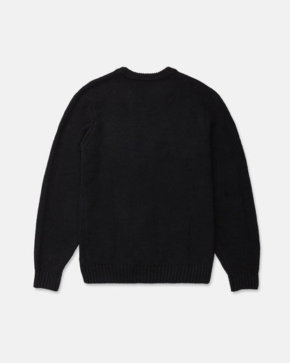 The Men's Edmonder II Sweater by Volcom is displayed laid flat facing backward on a white background. Crafted from recycled polyester, this plain black crew neck sweater features ribbed detailing at the neckline, cuffs, and hem.