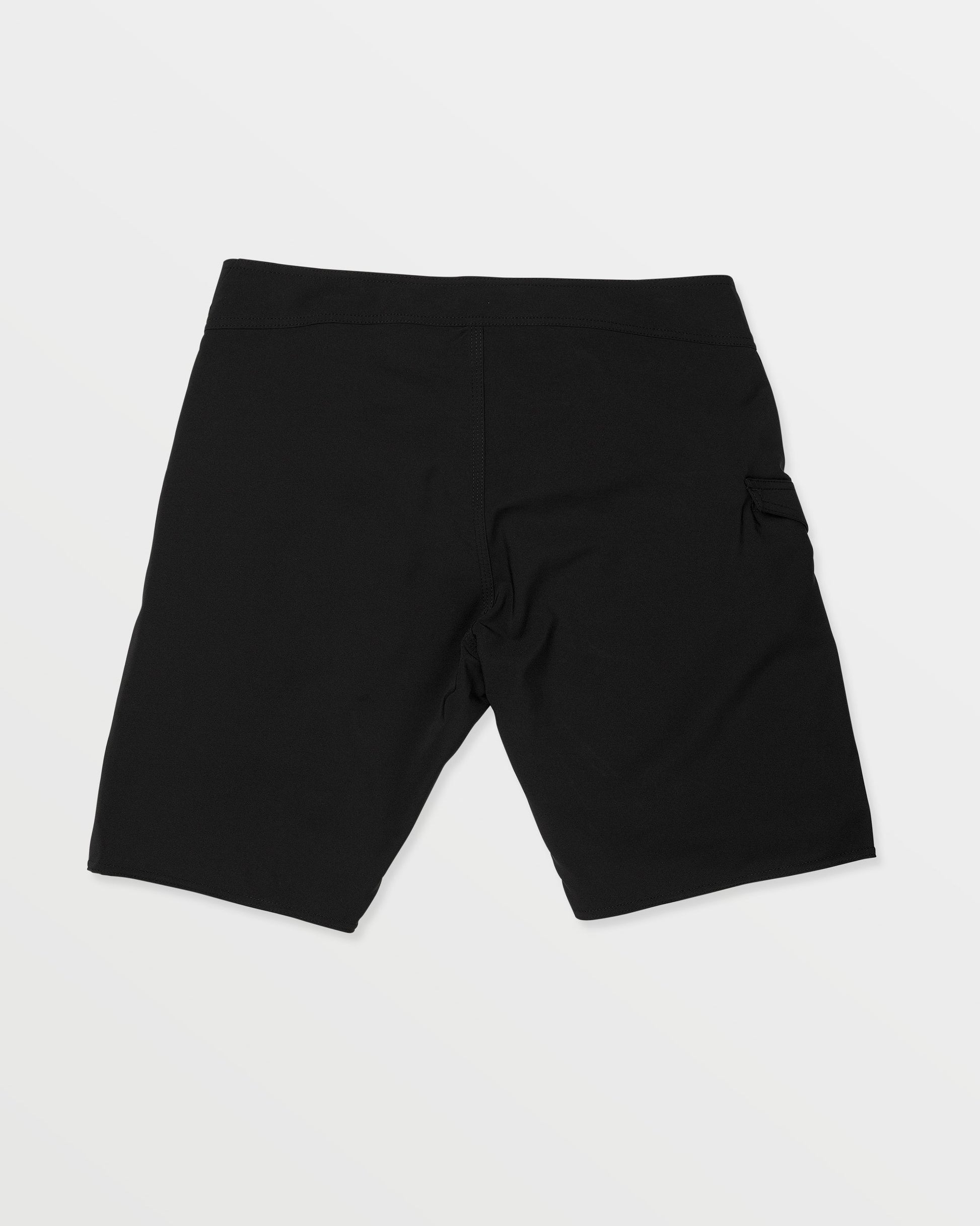 Men's Lido Solid Mod 20 black shorts by Volcom, laid flat on a white background and viewed from the back, show a right-leg side pocket.