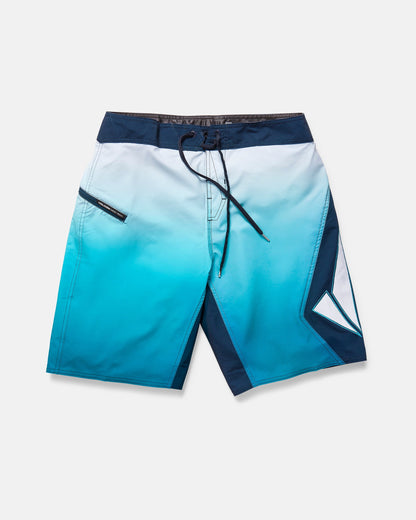 The Volcom Men's Foster Mod 21" boardshorts feature a blue and white gradient, geometric leg pattern, 21" outseam, black drawstring waistband with Cinch Fly Technology, and a side zipper pocket. Laid flat on a white background.