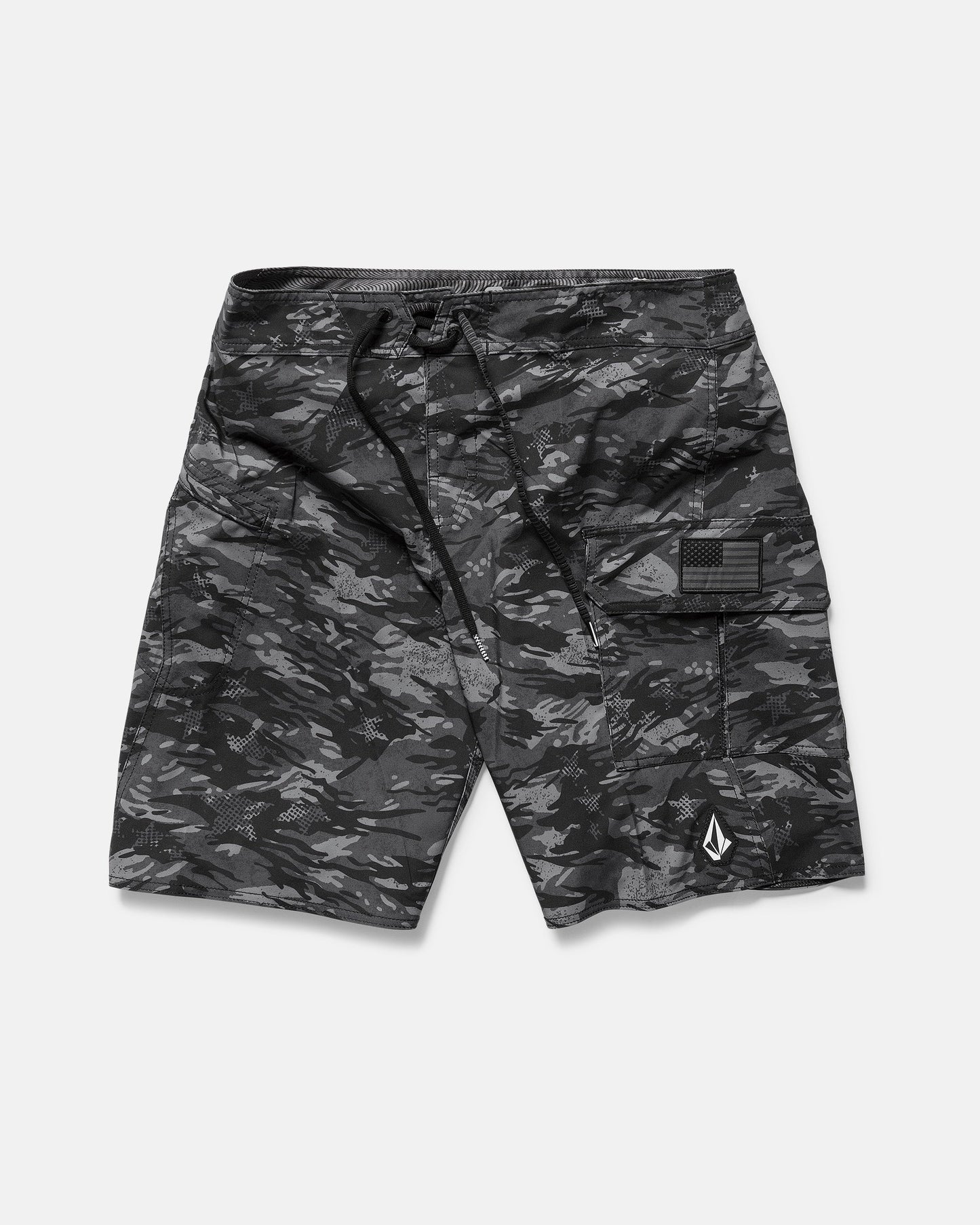 The Volcom Men's 4th Of July Preemo Mod boardshort features black and gray camouflage, Cinch Fly Technology, a drawstring waistband, side cargo pocket, and a small white geometric logo near the hem, shown flat on a white background.