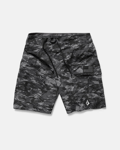 The Volcom Men's 4th Of July Preemo Mod boardshort features black and gray camouflage, Cinch Fly Technology, a drawstring waistband, side cargo pocket, and a small white geometric logo near the hem, shown flat on a white background.