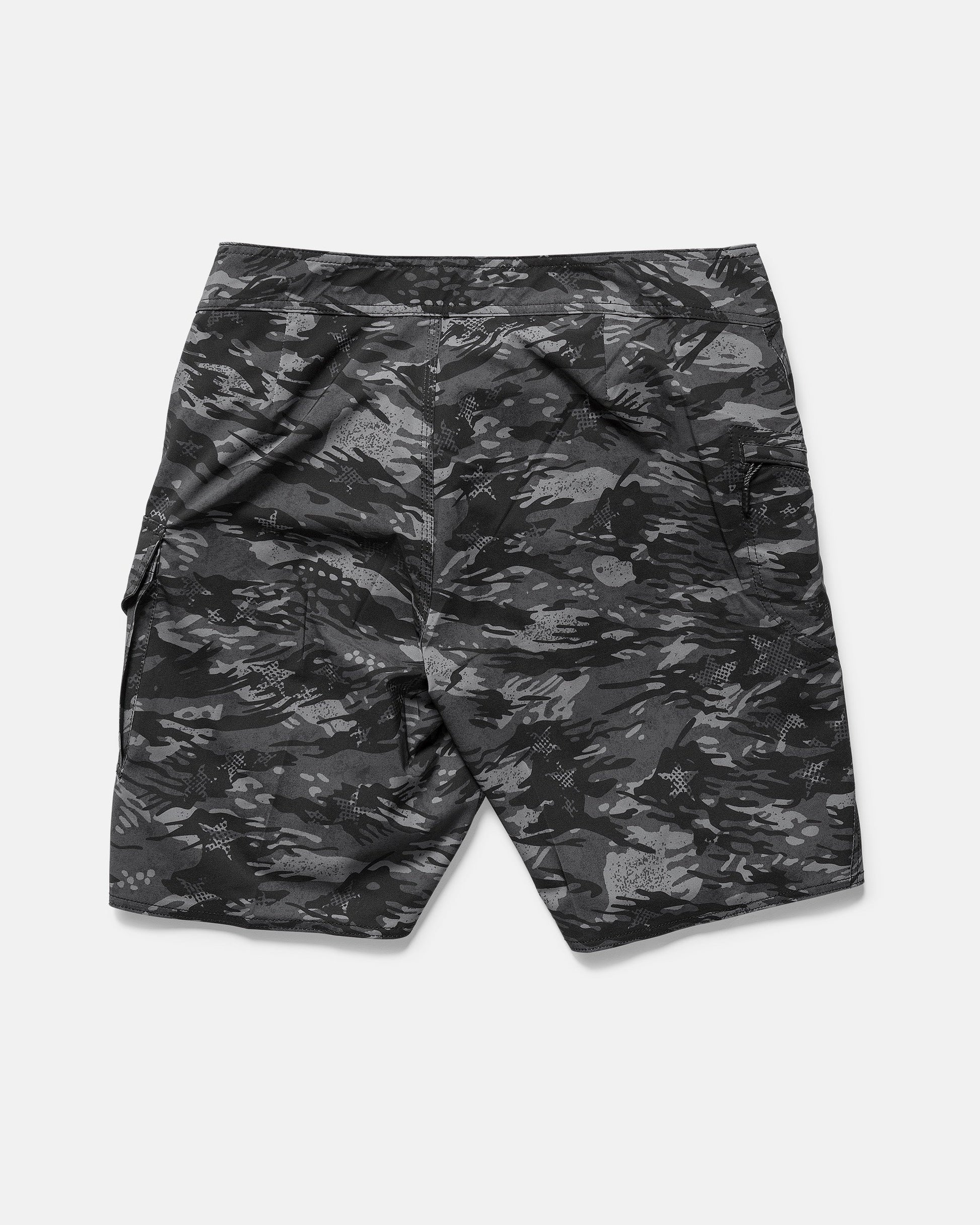 The Volcom Men's 4th Of July Preemo Mod boardshorts in black and gray camo, featuring Cinch Fly Technology and side pockets, are laid flat on a white background.