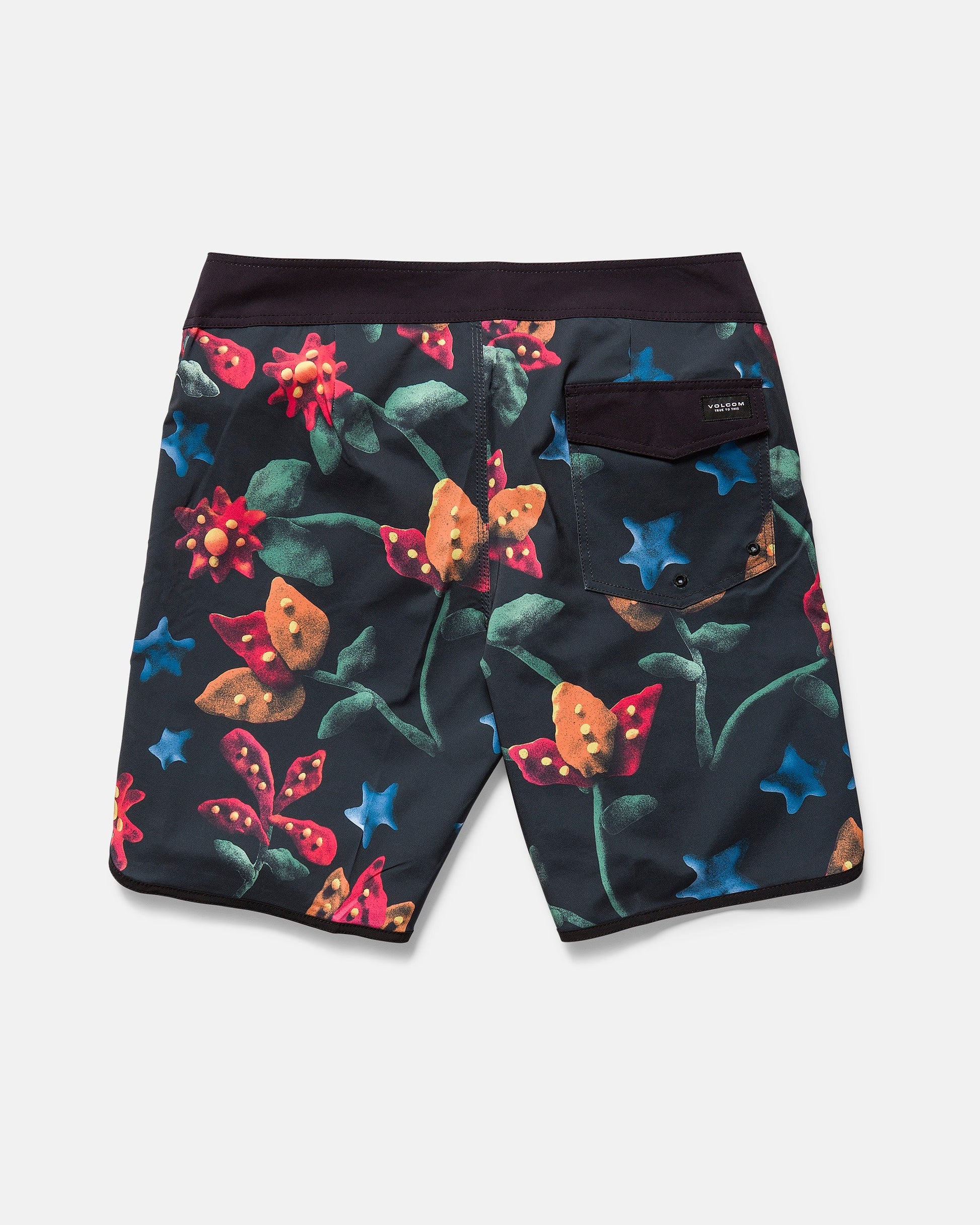 Back view of Volcom Men's Infuse Scallop Mod boardshorts with a floral and butterfly pattern on a dark background, Cinch Fly Technology, black waistband, and black back pocket with a small label.