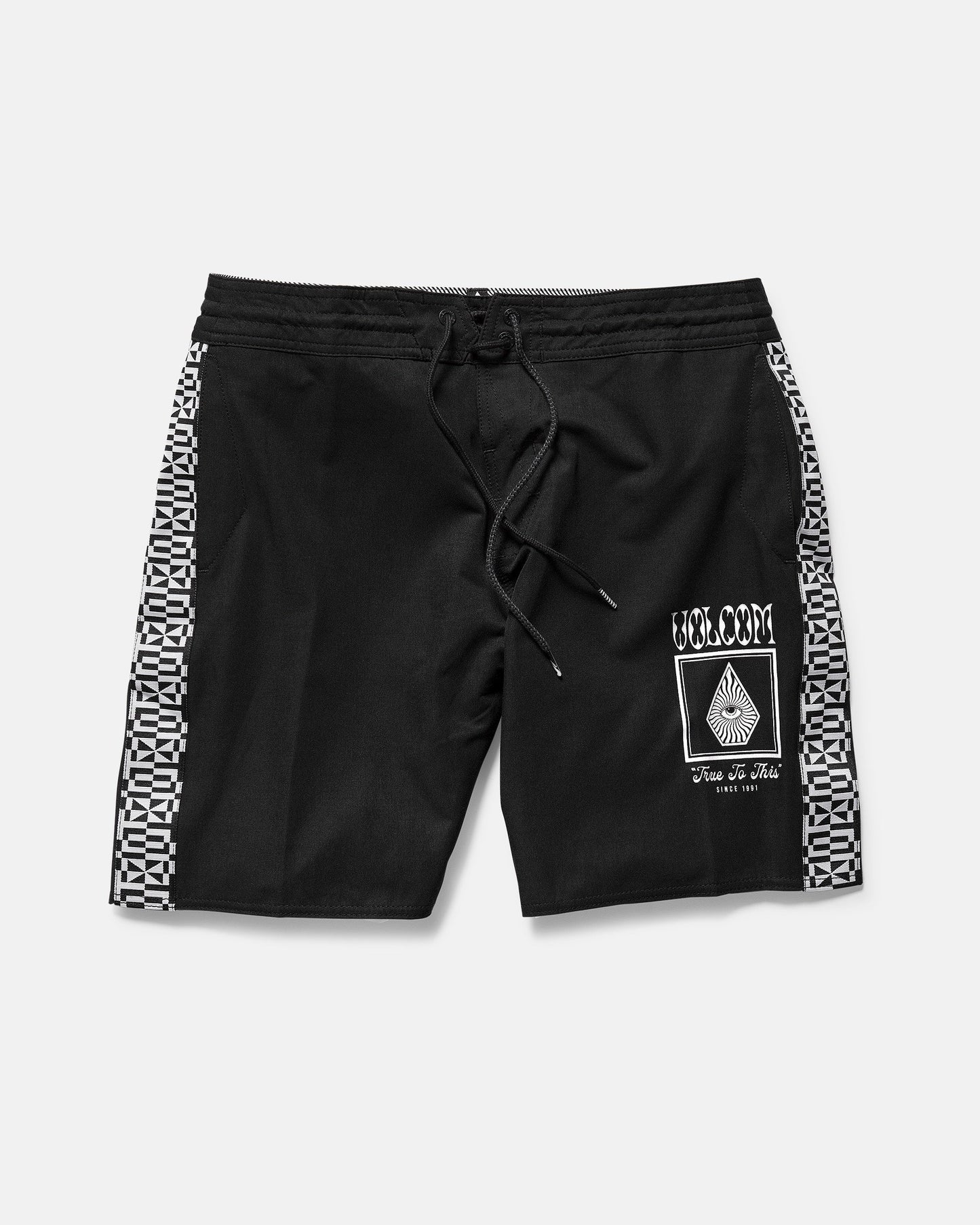 The Volcom Men's Yewster Loose Stoney boardshorts feature a drawstring waist, geometric side stripes, and white graphics on the left leg. Made with REPREVE recycled fibers for sustainability. Shorts shown laid flat on a plain background.