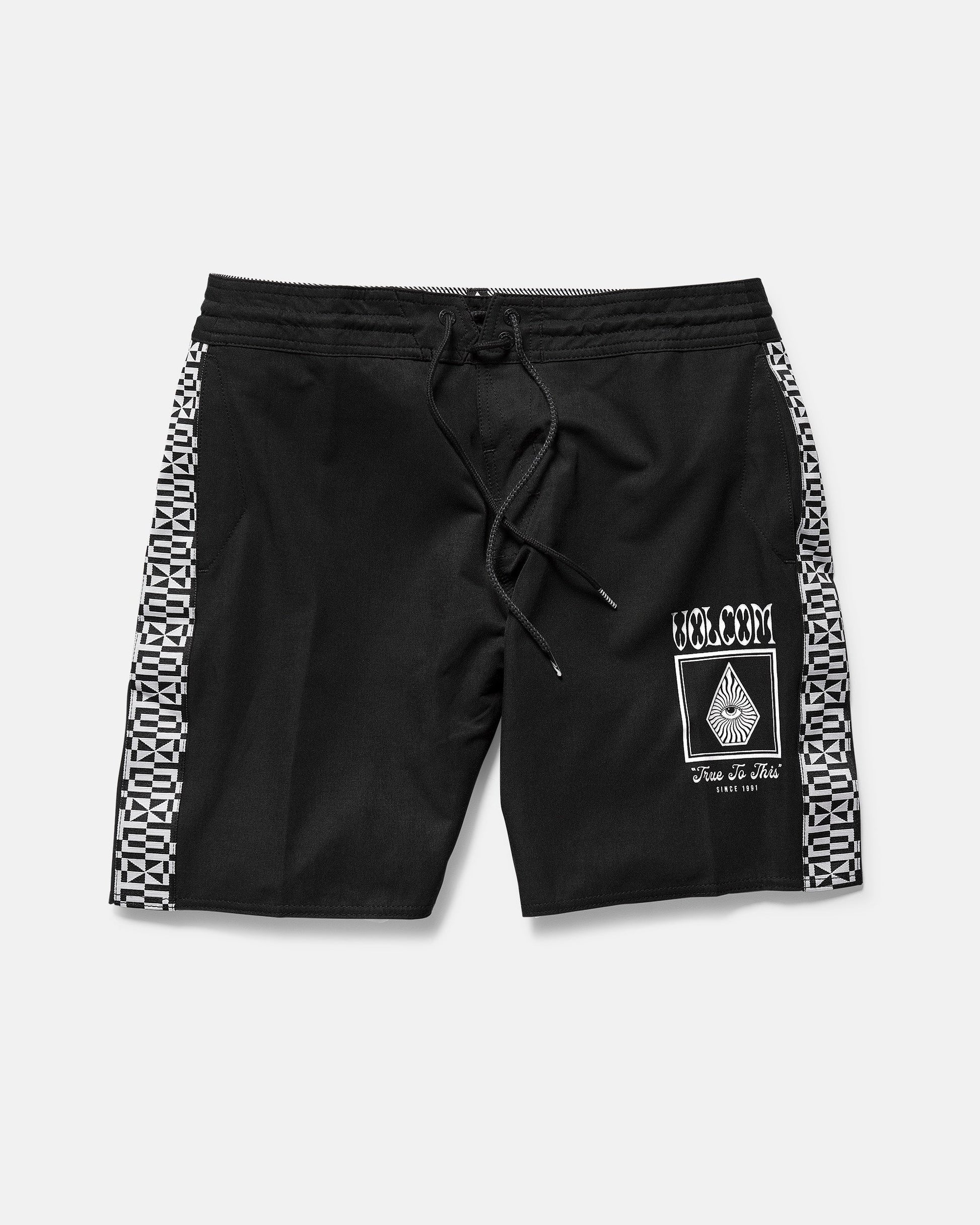 The Volcom Men's Yewster Loose Stoney boardshorts feature a drawstring waist, geometric side stripes, and white graphics on the left leg. Made with REPREVE recycled fibers for sustainability. Shorts shown laid flat on a plain background.