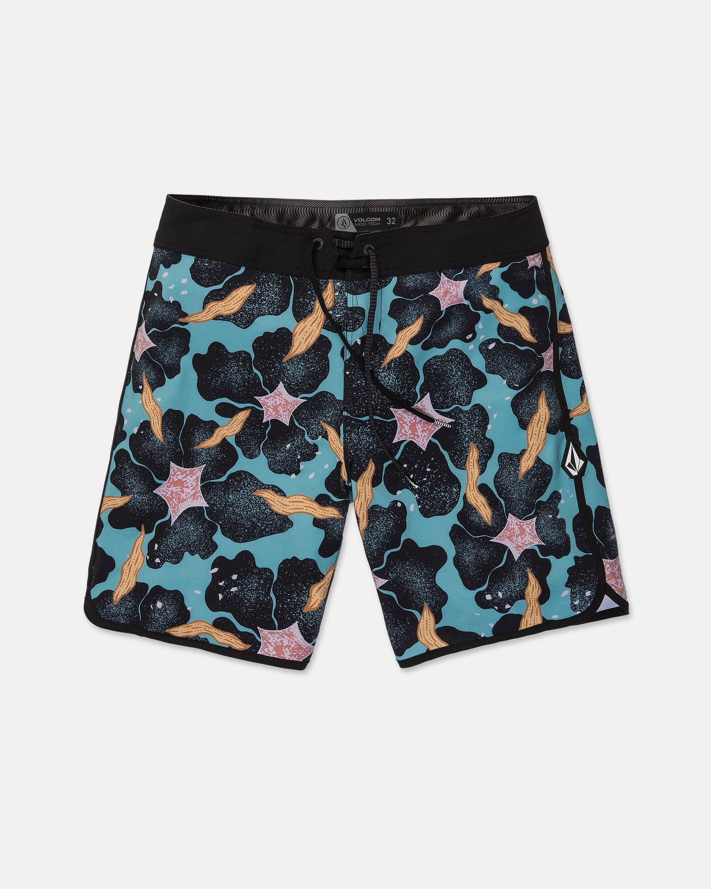 Volcom Men's Infuse Scallop Mod board shorts feature a vibrant blue, black, and pink starfish and seaweed pattern. Designed with a comfortable scallop construction and flexible 4-way stretch fabric, these shorts provide optimal movement for all your beach activities. The black waistband and drawstring are complemented by a small white geometric Volcom logo on the left leg.