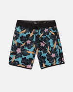 Volcom Men's Infuse Scallop Mod board shorts feature a vibrant blue, black, and pink starfish and seaweed pattern. Designed with a comfortable scallop construction and flexible 4-way stretch fabric, these shorts provide optimal movement for all your beach activities. The black waistband and drawstring are complemented by a small white geometric Volcom logo on the left leg.