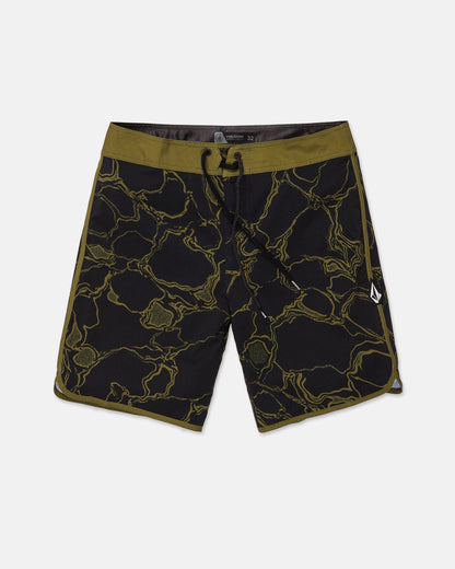 Volcom Men's Infuse Scallop Mod boardshorts in black, showcasing an olive green and yellow abstract pattern with an olive waistband and a black drawstring featuring a Cinch Fly closure. A small embroidered logo appears on the left leg. Designed with 4-way stretch fabric for superior comfort and flexibility, these shorts are displayed laid flat on a white background.