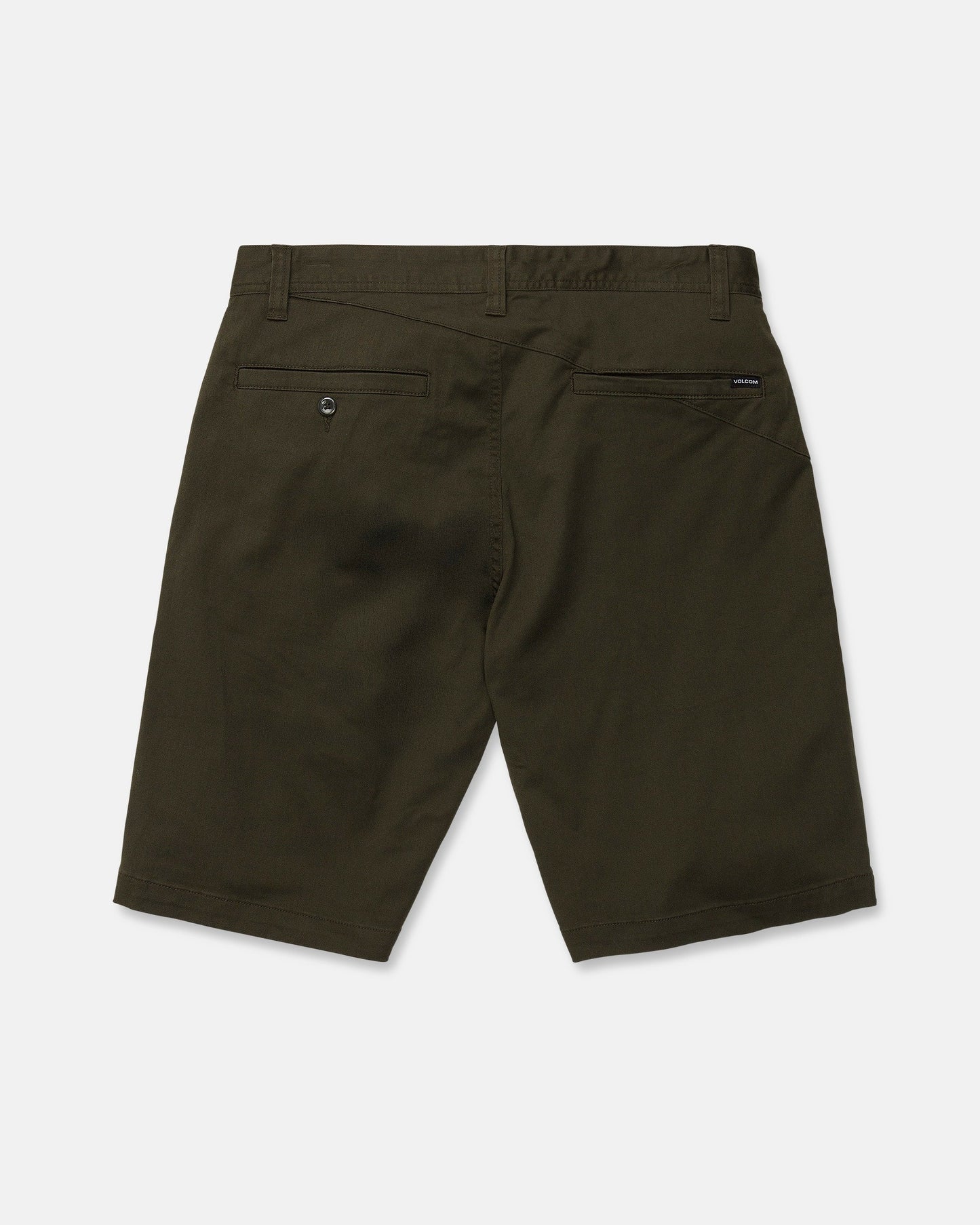 Back view of the Volcom Men's Frickin Modern Stretch Shorts in dark green (olive), featuring knee-length cotton-poly stretch fabric, belt loops, two back pockets—one with a button—and a small black tag near the waistband, crafted from breathable material and shown against a white background.