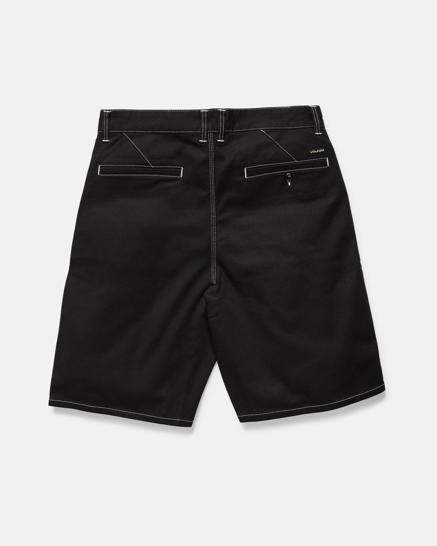 Volcom Men's Billow Shorts in black twill shown from the back, featuring white contrast stitching, flap back pockets (one with zipper), belt loop waistband, and a 22-inch outseam.