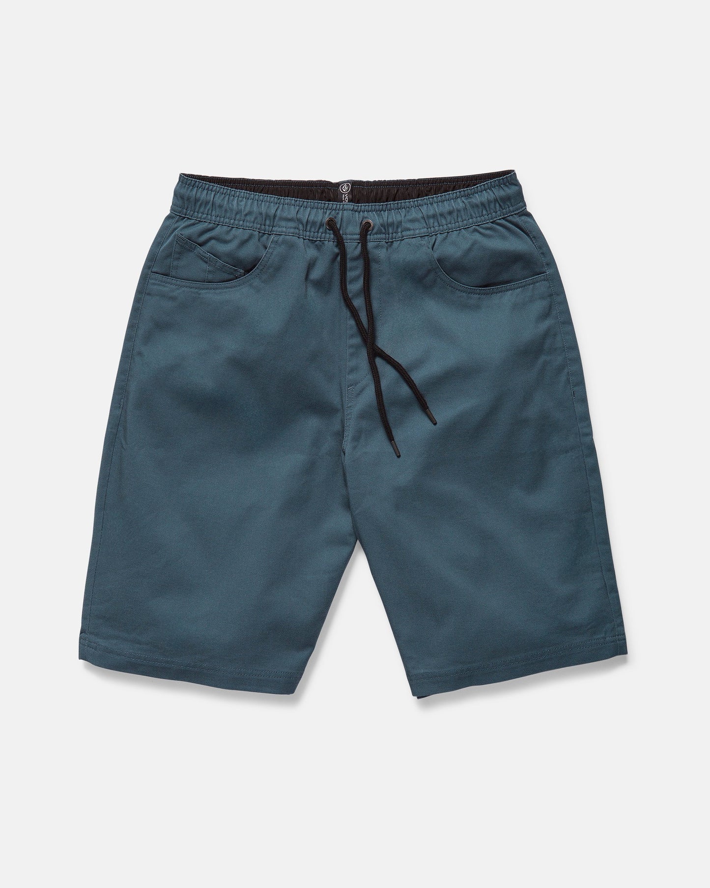 Volcom Men's Freazy Loose Elastic Waist 22" Shorts in teal blue corduroy with a black drawstring and two front pockets, shown on a white background.
