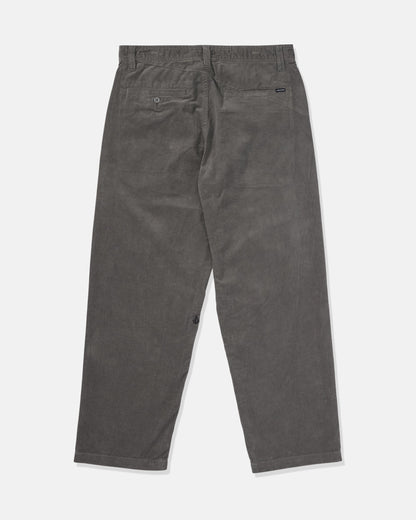 Back view of Volcom Men's Frickin Loose Tapered Cord Pants in dark gray, featuring two back pockets—one with a button closure—displayed on a plain white background.