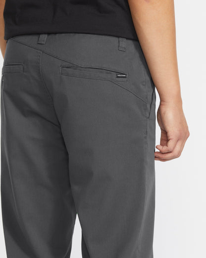 A person is shown from the waist down, facing away, wearing Volcom Men's Frickin Modern Stretch Pants in dark gray and a black shirt. The pants feature a small black Volcom label above the back pocket.