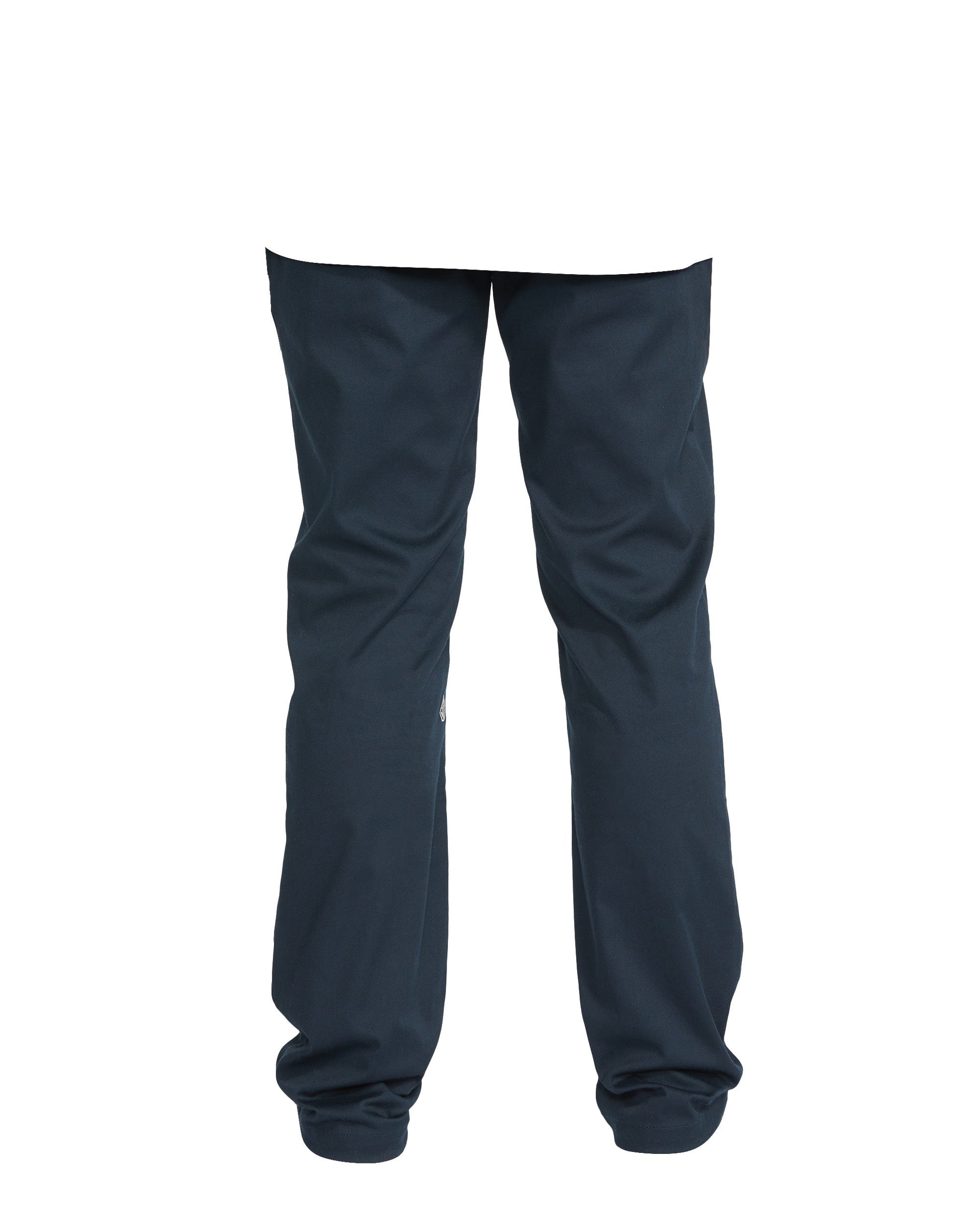 A person is shown from the back (upper body cropped out) wearing Volcom Men's Frickin Modern Stretch Pants in dark blue, made with recycled polyester. The straight-fit pants gather slightly at the ankles for a stylish look.