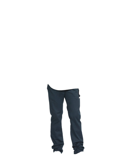 A pair of Volcom Men's Frickin Modern Stretch Pants in dark blue, made from recycled polyester, slightly wrinkled at the ankles, are modeled with only the lower body visible against a white background.