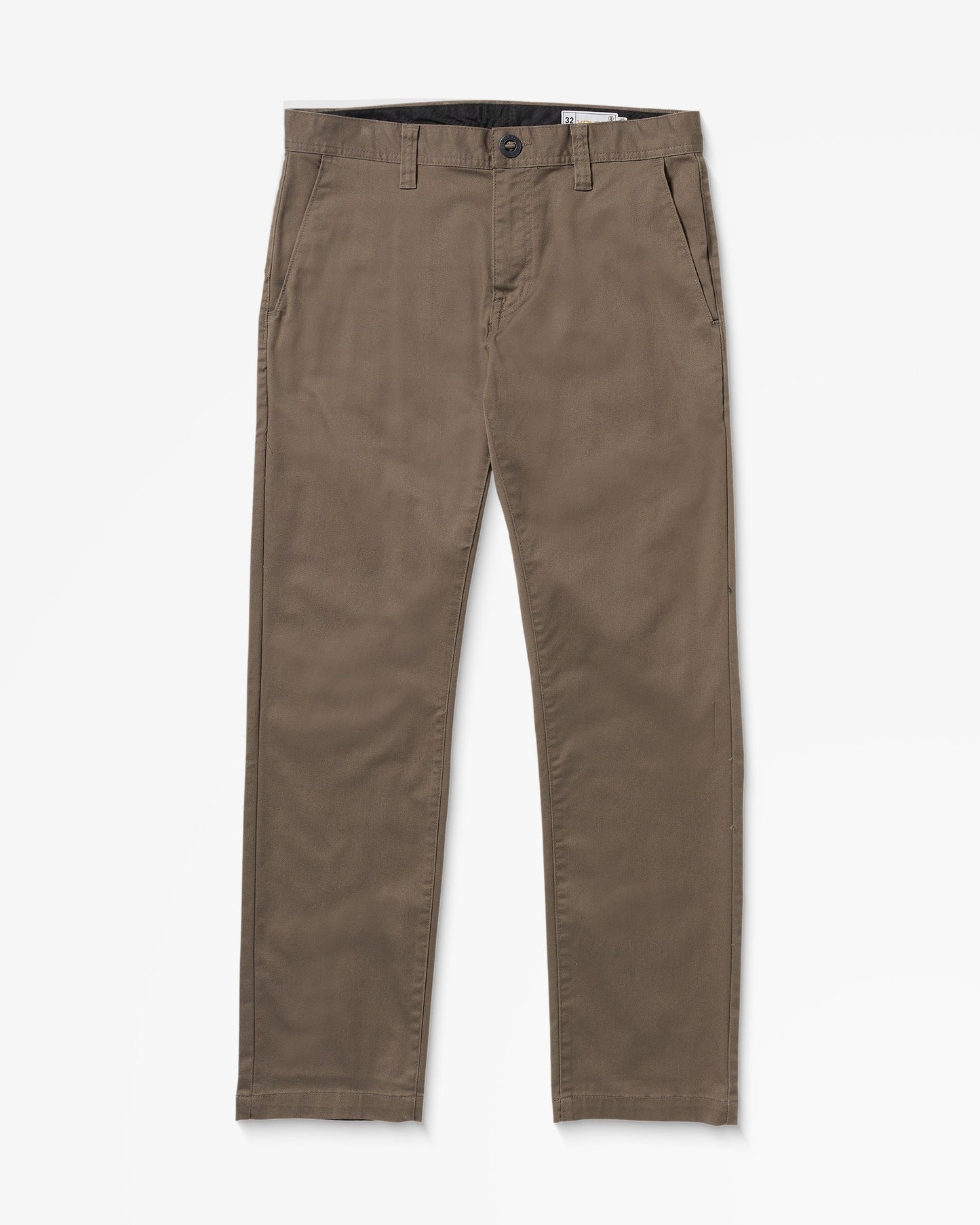 A pair of straight-leg, khaki-colored pants with side and back pockets, belt loops, and a button closure, displayed flat on a white background.