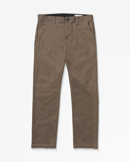A pair of straight-leg, khaki-colored pants with side and back pockets, belt loops, and a button closure, displayed flat on a white background.