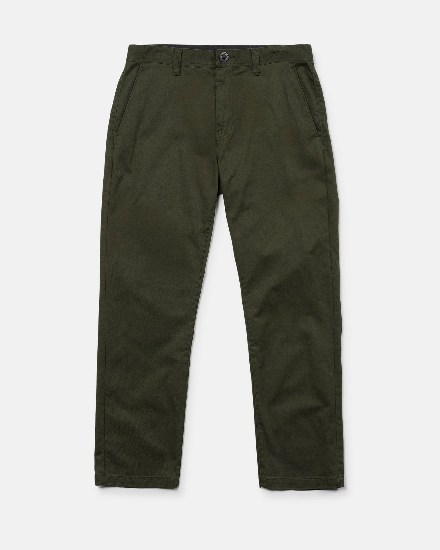 A pair of Volcom Men's Frickin Modern Stretch Pants in olive green, featuring a straight-leg cut with side pockets, front button closure, and zip fly. Crafted from REPREVE recycled fibers for sustainability, these modern stretch chino pants are displayed flat against a white background.
