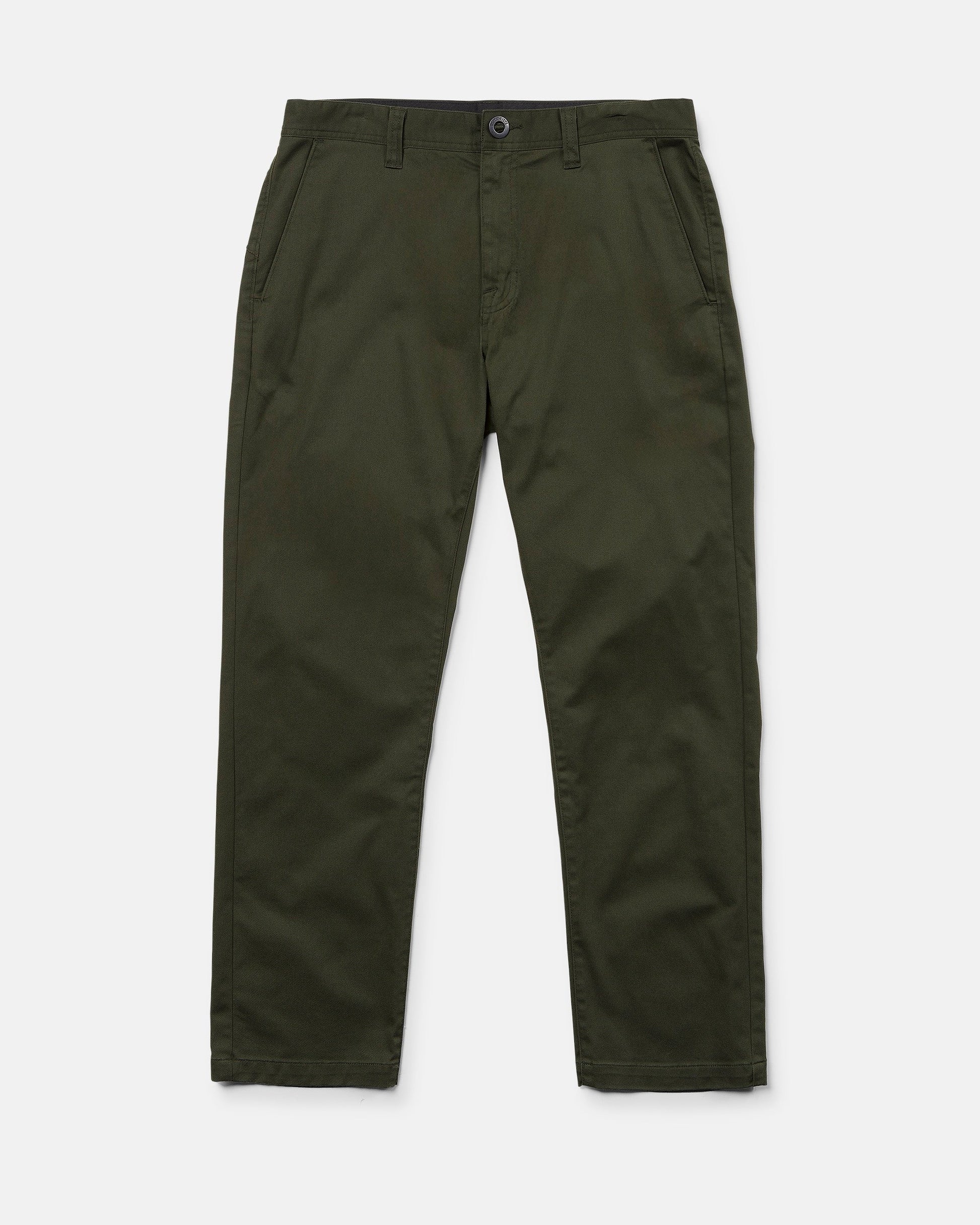 A pair of Volcom Men's Frickin Modern Stretch Pants in olive green, featuring a straight-leg cut with side pockets, front button closure, and zip fly. Crafted from REPREVE recycled fibers for sustainability, these modern stretch chino pants are displayed flat against a white background.