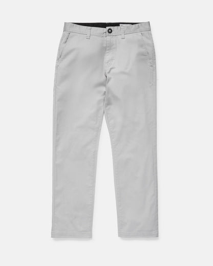 Light gray straight-leg pants with side pockets, belt loops, and a front button and zipper closure, laid flat on a white background.