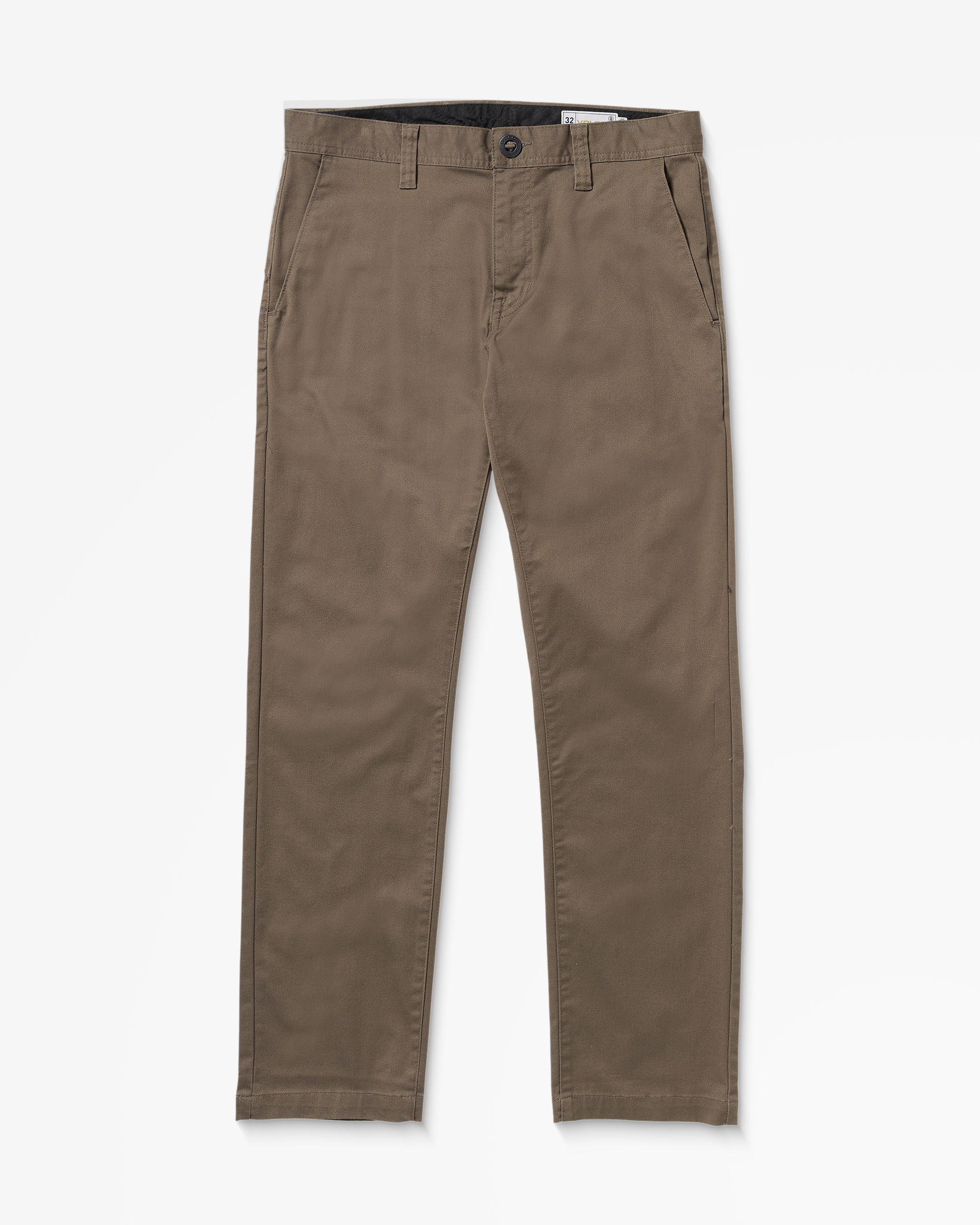 A pair of Volcom Men's Frickin Modern Stretch Pants in brown, made with recycled polyester, featuring belt loops, front pockets, and a button closure, is laid flat on a white background.