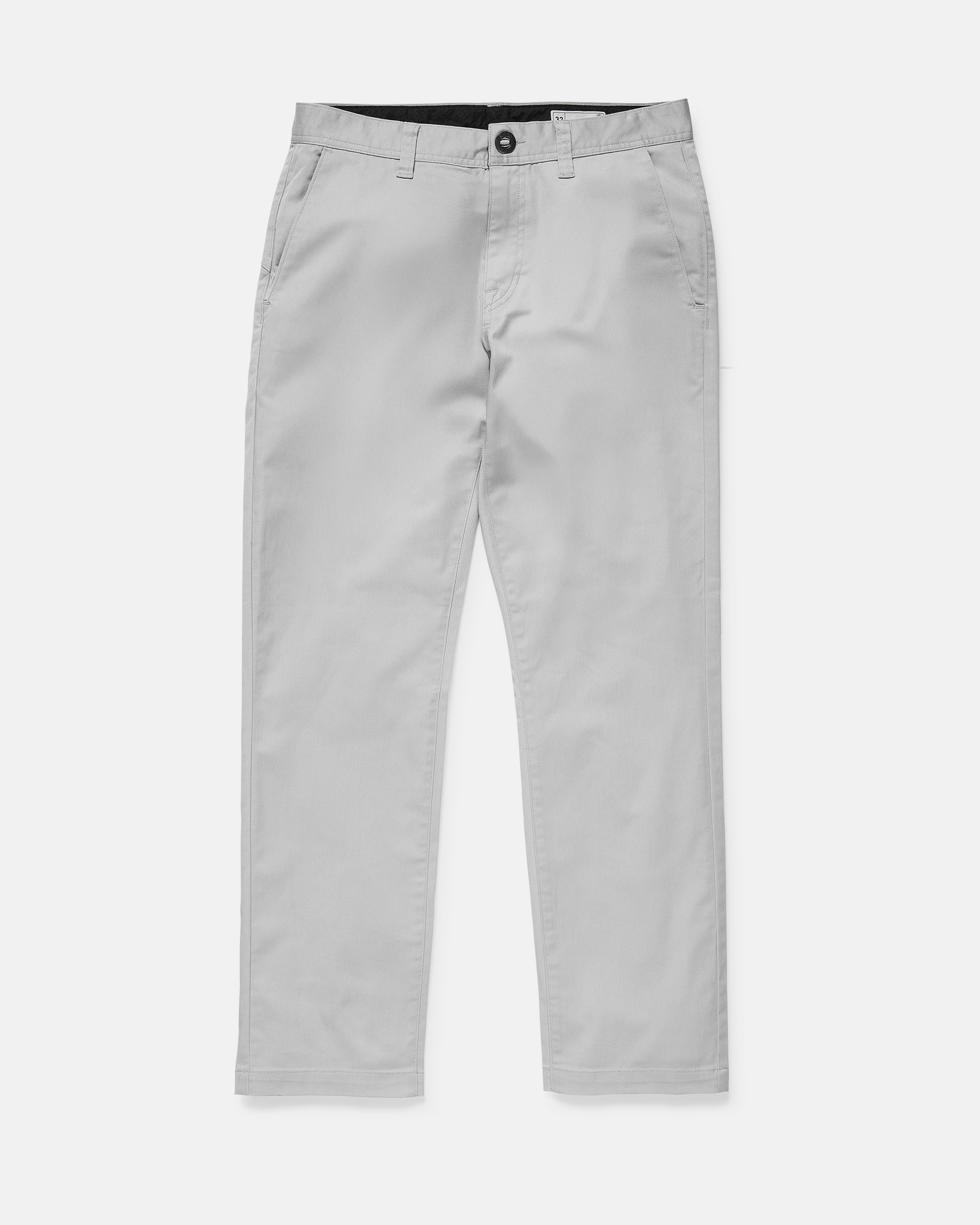 The Men's Frickin Modern Stretch Pants by Volcom are light gray, straight-leg chinos with belt loops, side pockets, and a button closure, crafted from recycled polyester and shown laid flat on a white background.