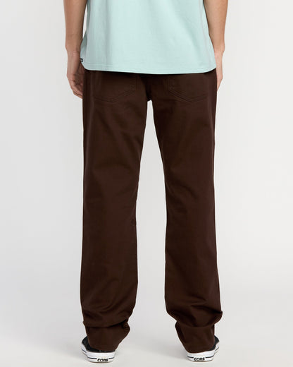 A person stands facing away, wearing a light blue T-shirt, Volcom Men's Solver 5 Pocket Slub Pants, and white Converse sneakers against a white background.