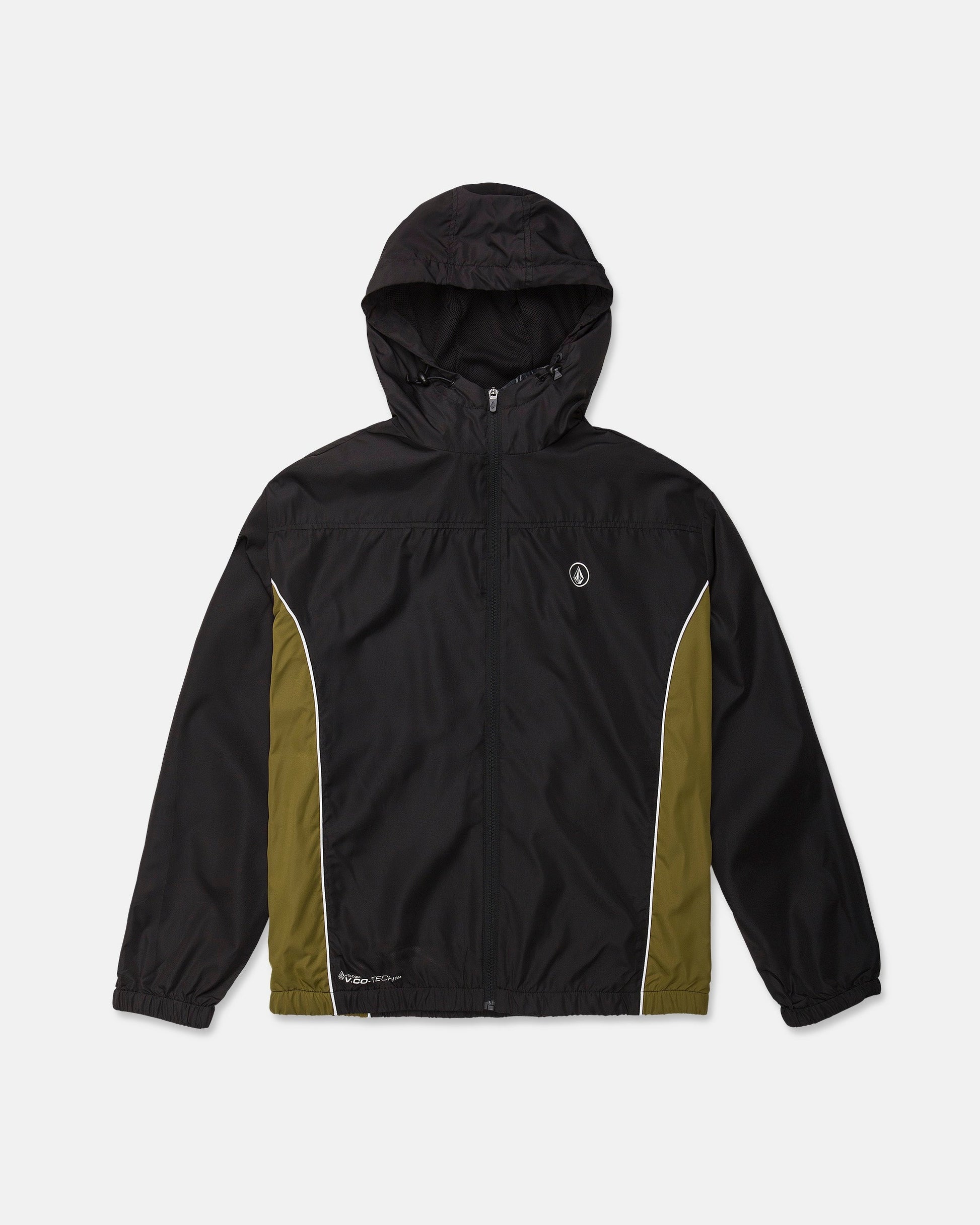 Introducing the Volcom Men's Wavestone Jacket: a black hooded jacket with olive green side panels, highlighted by white piping accents and a front zipper. It features elastic cuffs, a mesh-lined hood for enhanced breathability, and is finished with a small circular Volcom logo on the left chest. Shown against a plain white background.