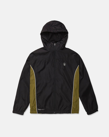 Introducing the Volcom Men's Wavestone Jacket: a black hooded jacket with olive green side panels, highlighted by white piping accents and a front zipper. It features elastic cuffs, a mesh-lined hood for enhanced breathability, and is finished with a small circular Volcom logo on the left chest. Shown against a plain white background.