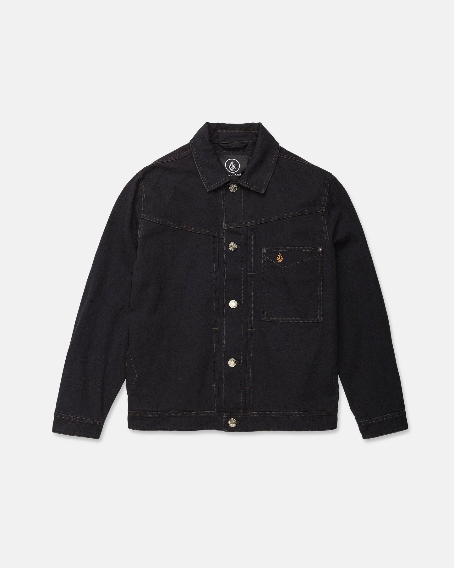 The Volcom Men's Slakers Jacket is crafted from black denim and features long sleeves, a collar, button-down front, and a chest pocket with a small embroidered logo. This lightweight jacket is accented with visible brown stitching and is showcased on a white background.