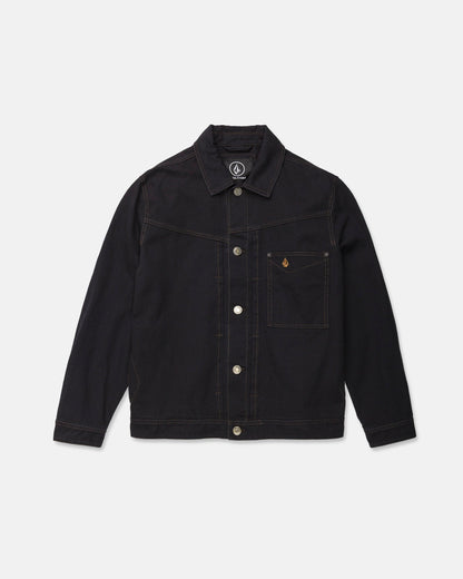 The Volcom Men's Slakers Jacket is crafted from black denim and features long sleeves, a collar, button-down front, and a chest pocket with a small embroidered logo. This lightweight jacket is accented with visible brown stitching and is showcased on a white background.