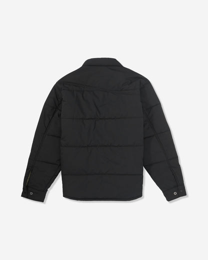 The Volcom Men's Westmead Quilted Jacket in black features long sleeves, horizontal stitching, a collar, and buttoned cuffs, shown from the back against a plain white background.