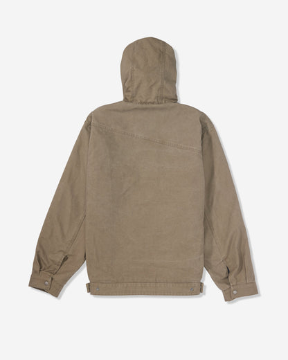 Back view of the Men's Freshdust Workwear Jacket by Volcom in light brown, with a hood, long sleeves, large hand and chest pockets, buttoned cuffs, and adjustable hem straps, shown against a plain white background.
