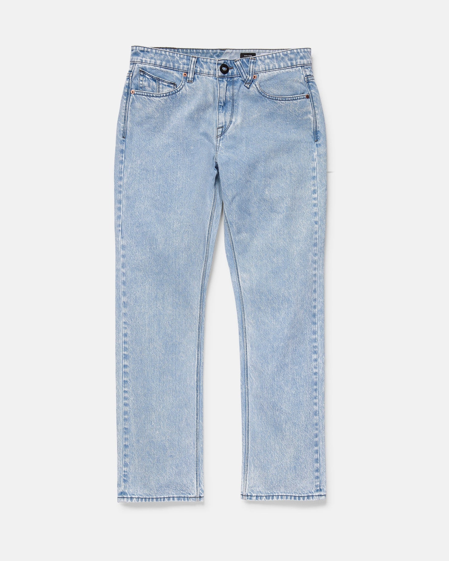Volcom Men's Solver Denim Pants in light blue, featuring a straight leg, classic five-pocket design, and button-zip fly, displayed flat on a white background.