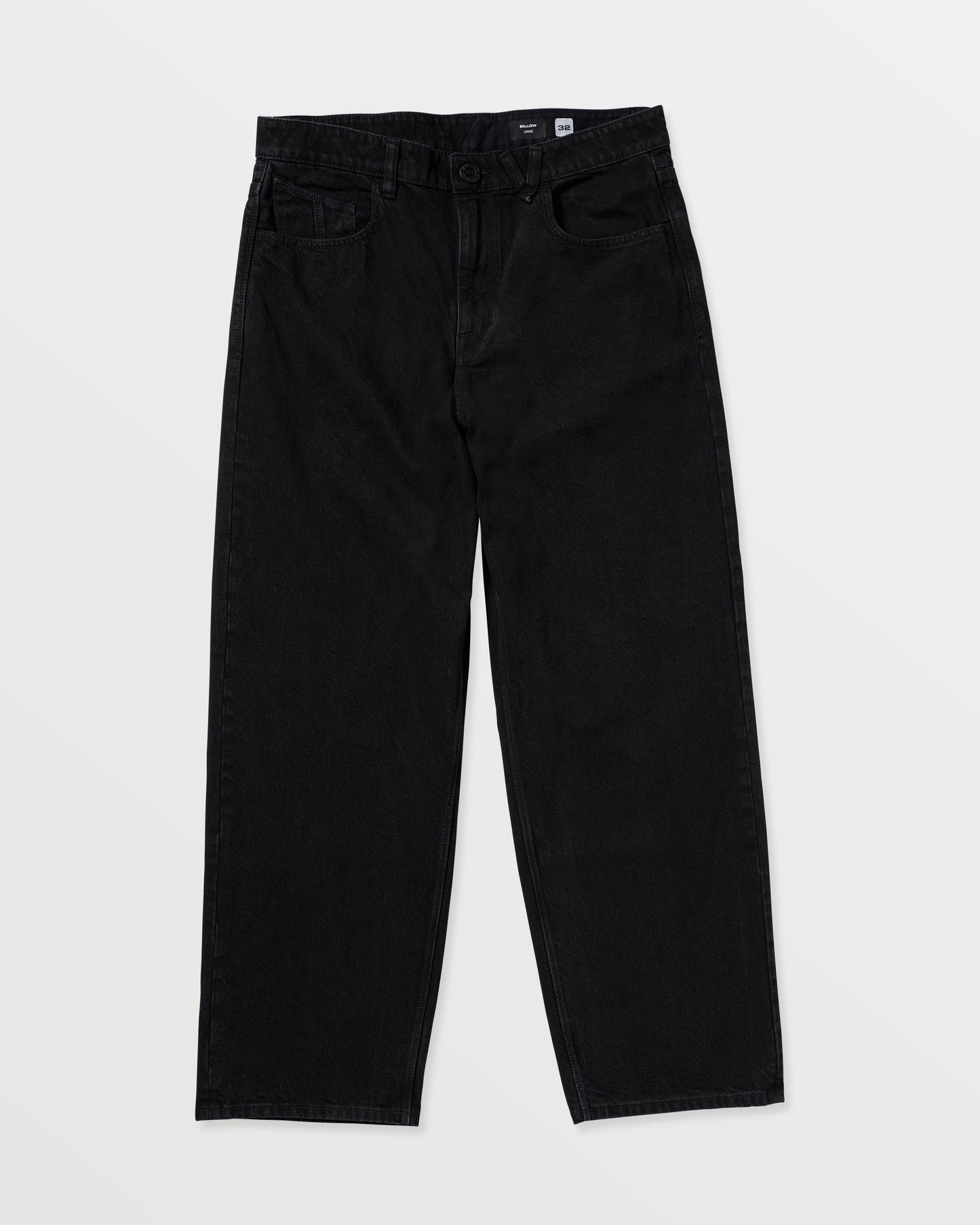 Men's Billow Denim by Volcom, made from high-ridge twill denim with a relaxed fit, five pockets, and button closure, shown flat on a white background.