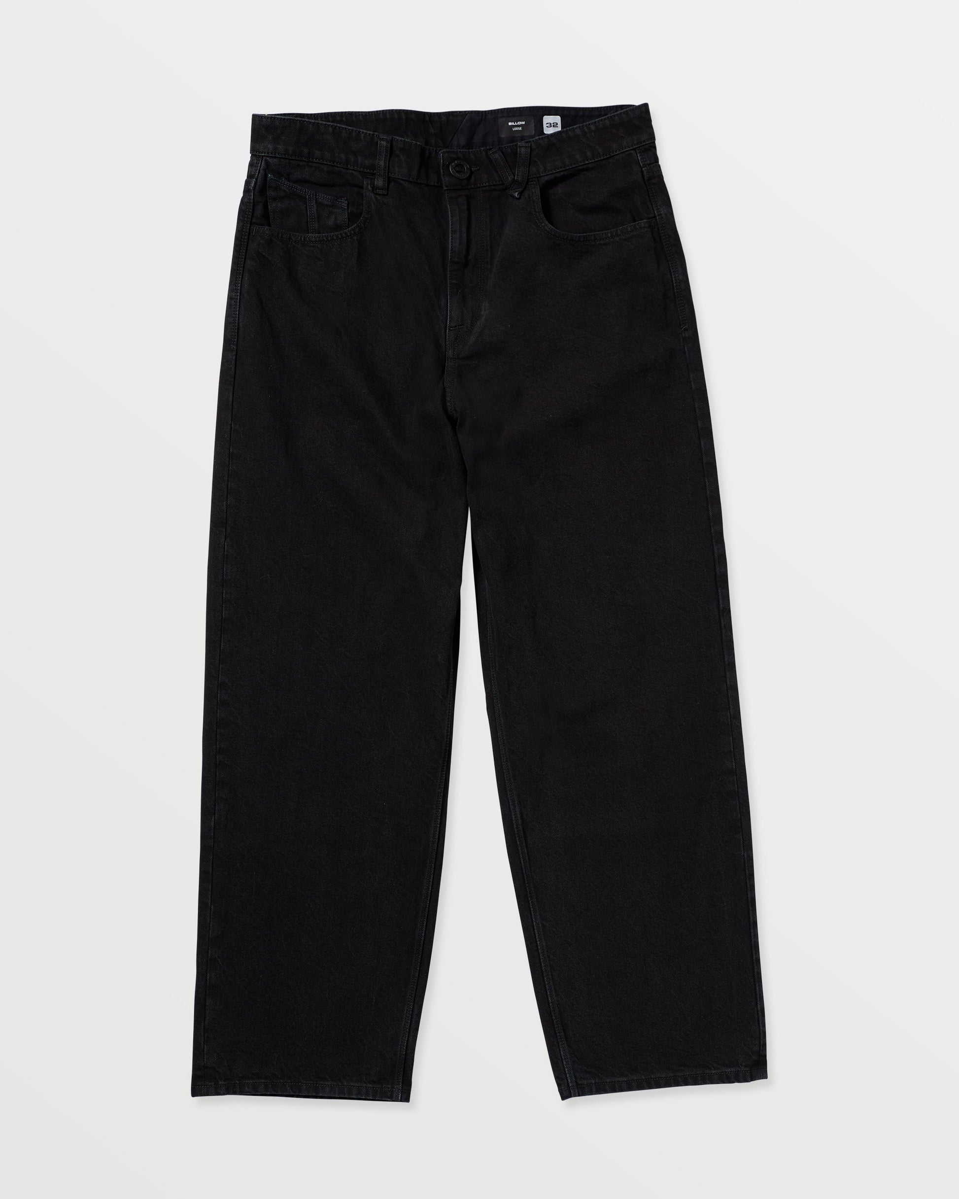 Men's Billow Denim by Volcom, made from high-ridge twill denim with a relaxed fit, five pockets, and button closure, shown flat on a white background.