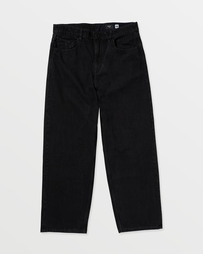 Men's Billow Denim by Volcom, made from high-ridge twill denim with a relaxed fit, five pockets, and button closure, shown flat on a white background.