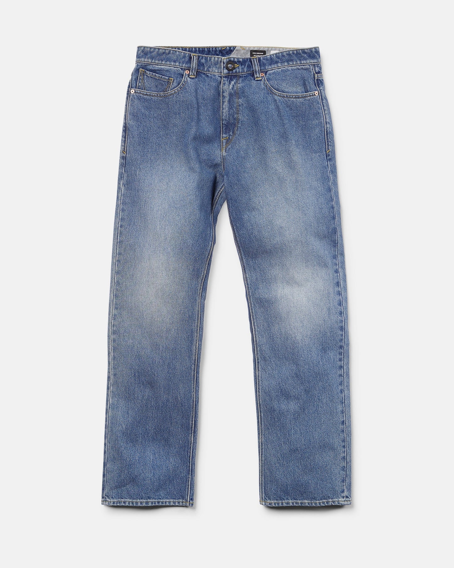 A pair of Volcom Men's Pipe Dreams Denim Pants in classic Euro Light Blue, featuring a relaxed straight fit, five-pocket styling, and a button closure, displayed flat on a white background.