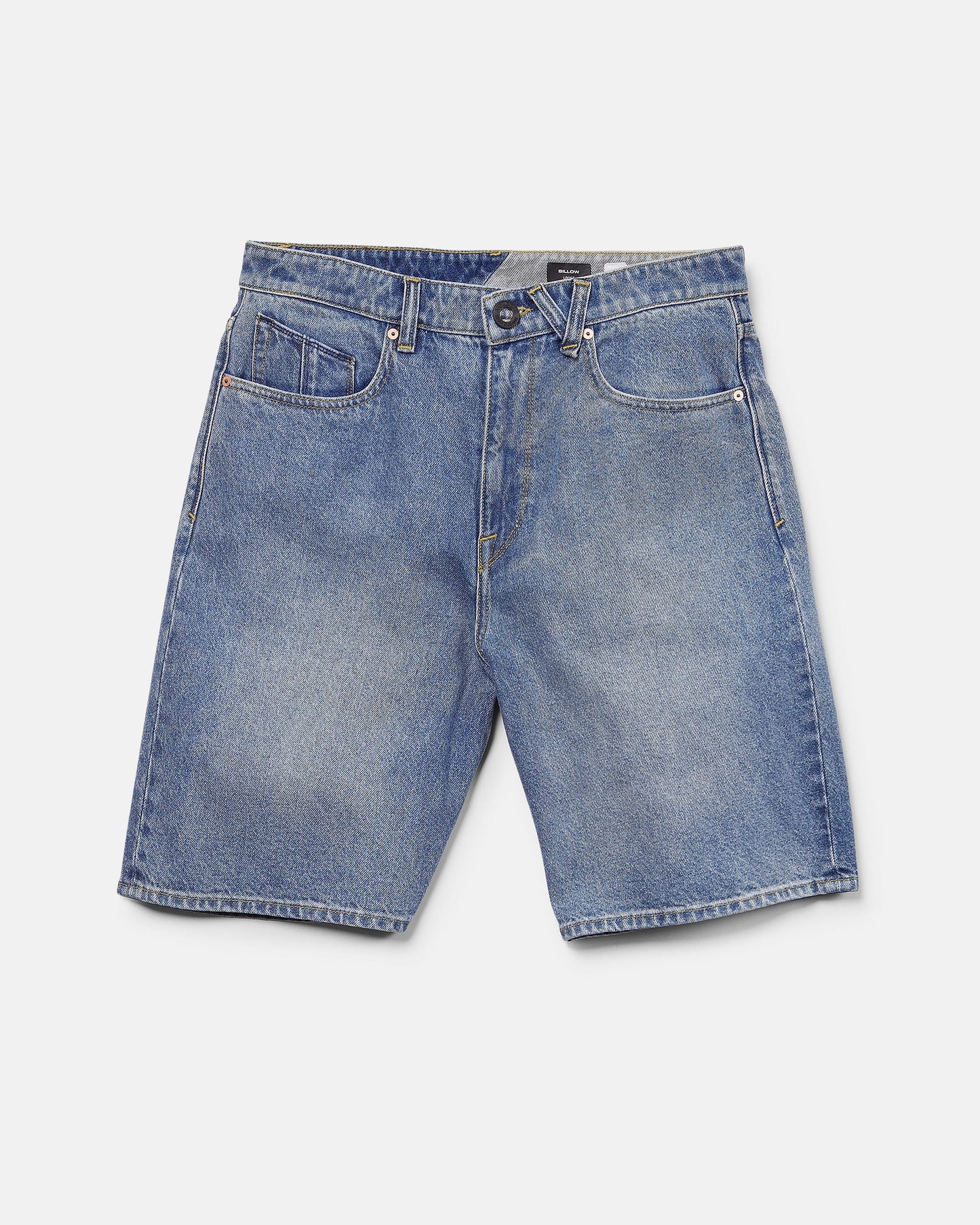 A pair of Volcom Men's Billow Denim Shorts in blue, featuring a loose fit, five-pocket design, and button closure, laid flat on a white background.