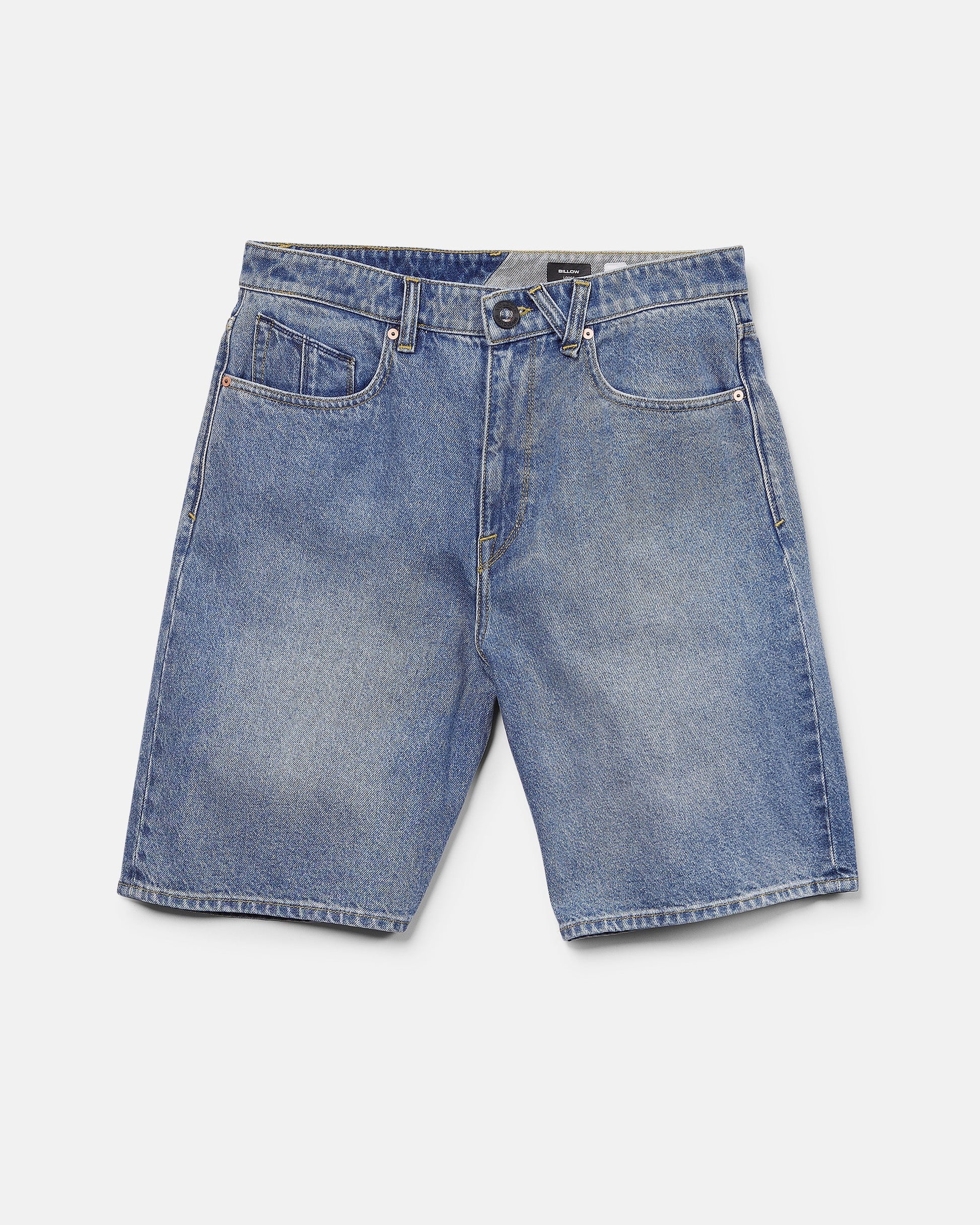 A pair of Volcom Men's Billow Denim Shorts in blue, featuring a loose fit, five-pocket design, and button closure, laid flat on a white background.