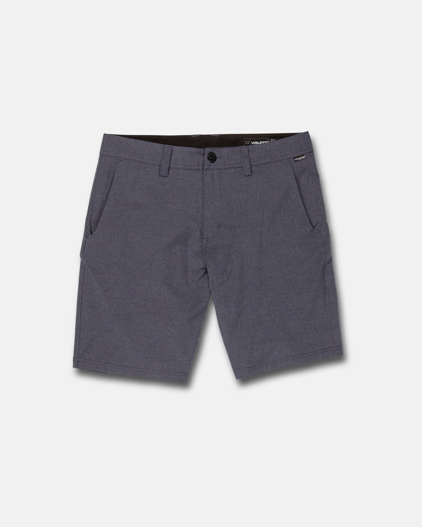 Men's Frickin Cross Shred Static Shorts by Volcom in dark gray, featuring front pockets, belt loops, and a button closure, shown on a plain white background.