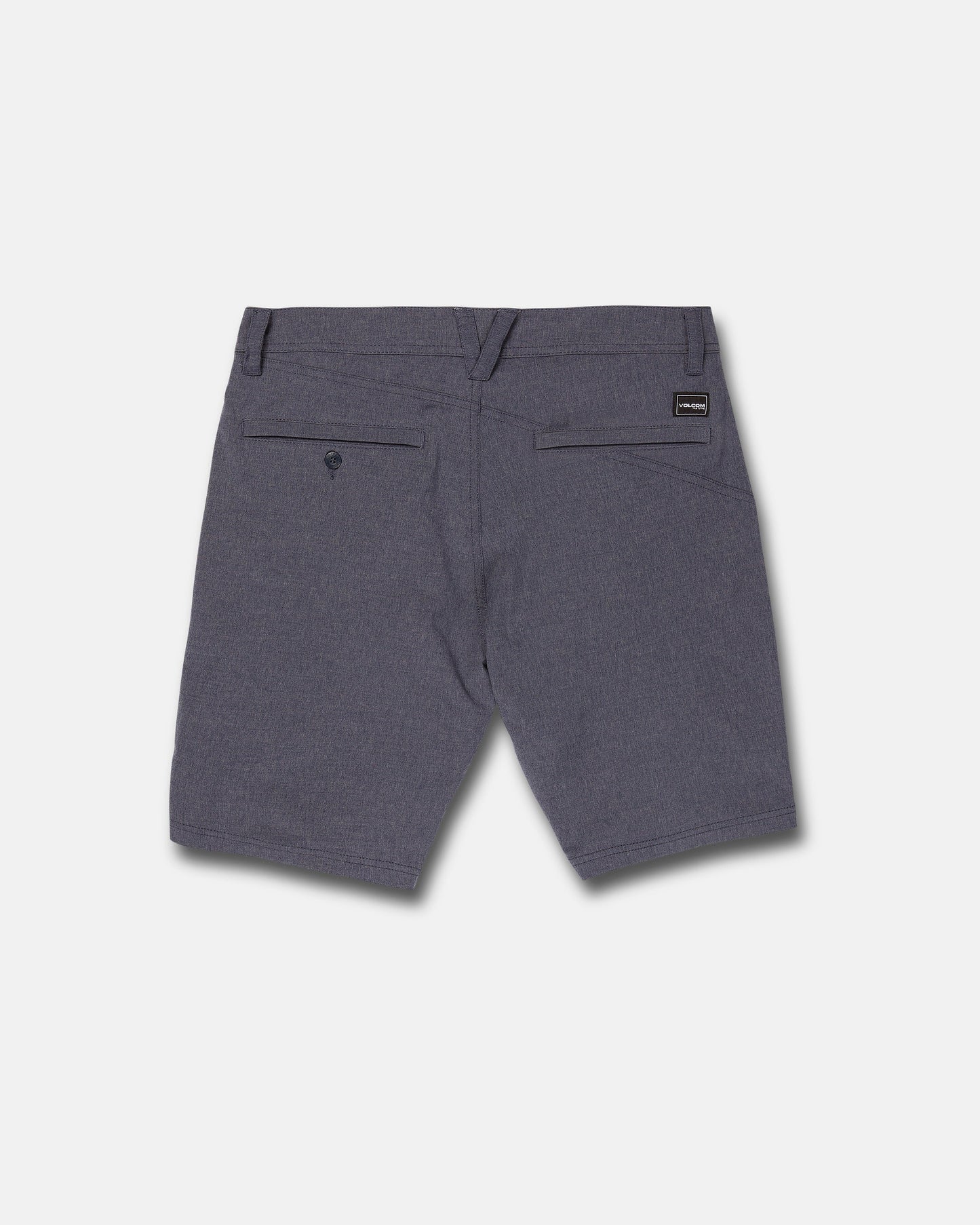 Back view of Volcom Men's Frickin Cross Shred Static Shorts in heathered charcoal with belt loops, two back pockets—one buttoned—and a small black label above the right pocket, shown on a plain light gray background.