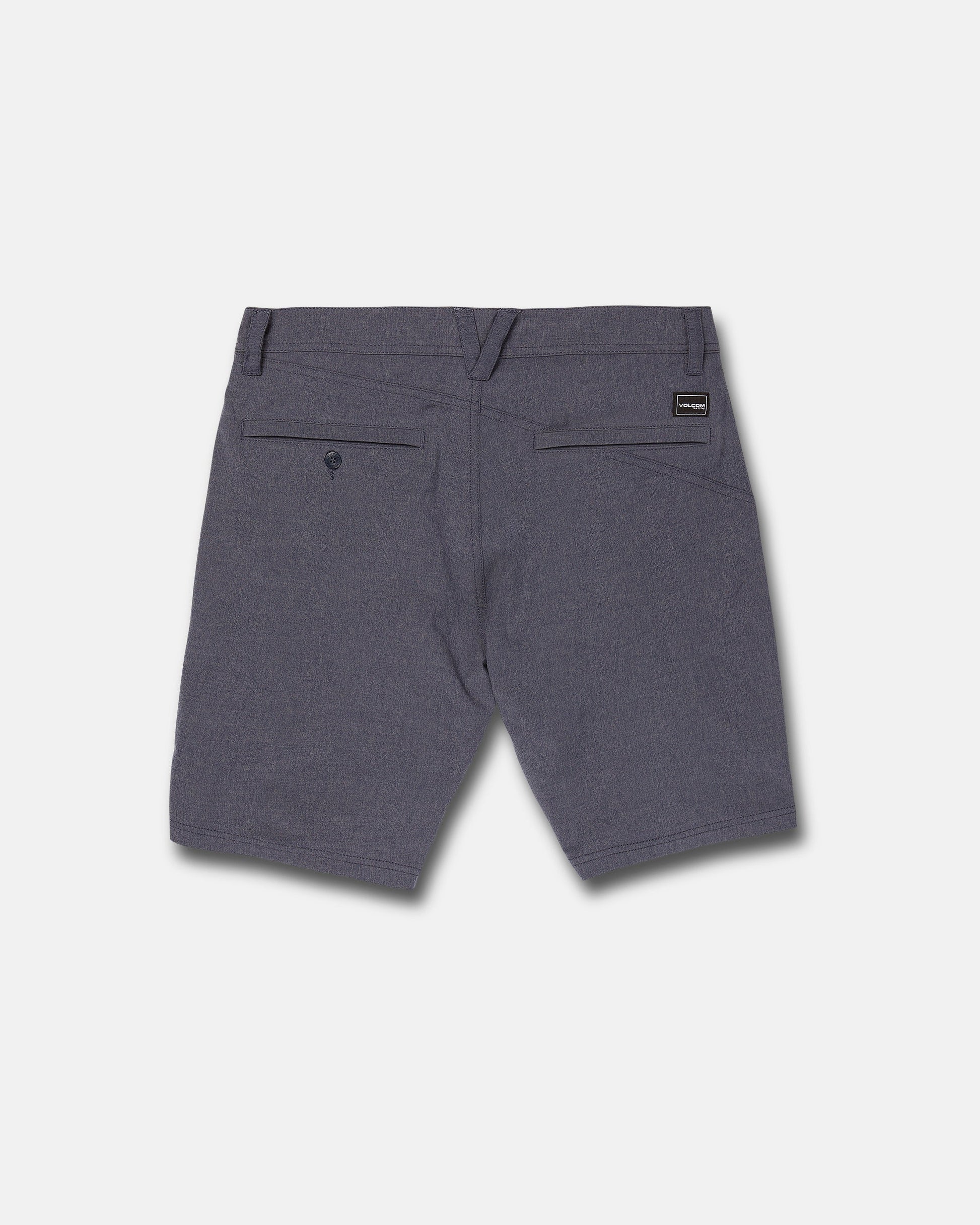 Back view of Volcom Men's Frickin Cross Shred Static Shorts in heathered charcoal with belt loops, two back pockets—one buttoned—and a small black label above the right pocket, shown on a plain light gray background.