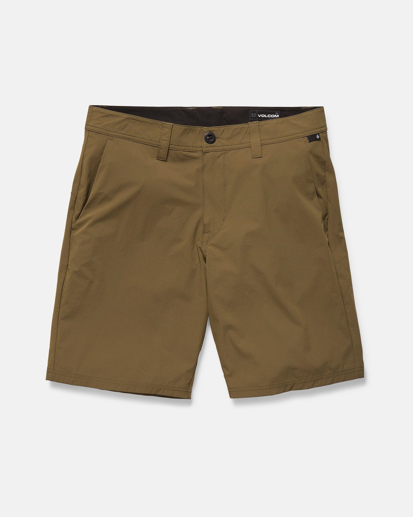 Volcom Men's Frickin Cross Shred Shorts in olive green, featuring water-repellent fabric, belt loops, side pockets, and a button closure, shown on a plain white background.