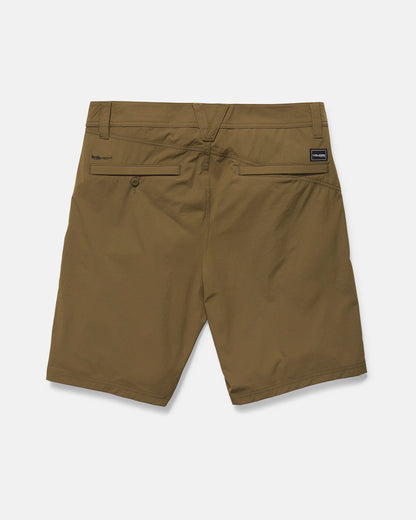 Back view of Volcom Men's Frickin Cross Shred Shorts in olive green, 20" outseam, with two rear pockets—one with button closure, the other with a black Volcom patch. Water-repellent, featuring belt loops and a flat waistband for a clean finish.